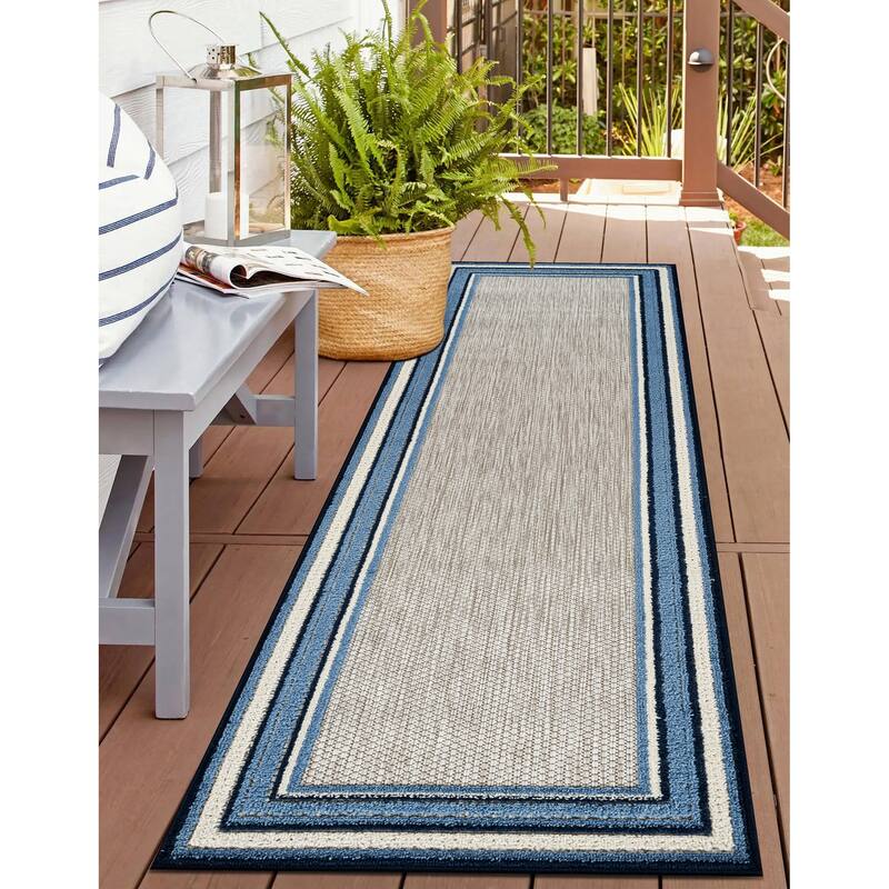 World Rug Gallery Indoor/Outdoor High-Low Textured Area Rug, Coastal Border Easy-Clean Patio Rug - 2' x 7' - Navy