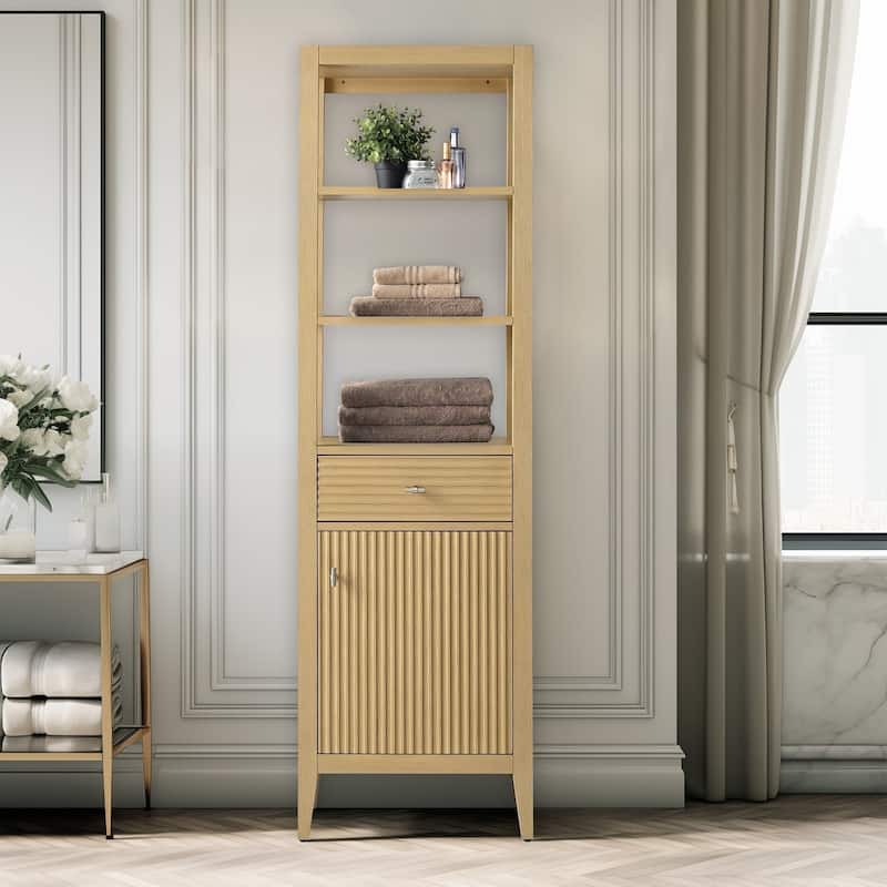 Vanity Art 72" Tall Tower Bathroom Linen Cabinet with Soft Close Door and Drawer - 21"/Brushed Nickel Handle - Linear Natural Oak