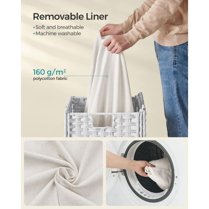 23.8Gallon White Waterproof Rattan Laundry Hamper with Lid and Removable Liner Metal Frame for Small Spaces