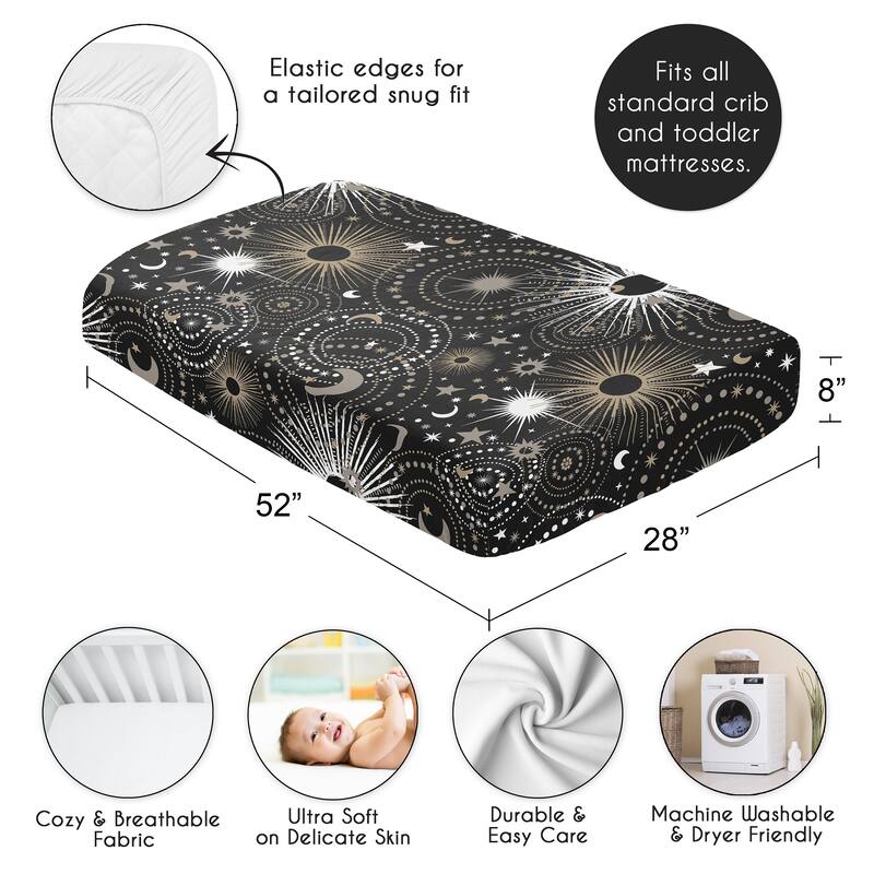 Sweet Jojo Designs Black Space Moon and Stars Boy, Girl, Unisex/Gender Neutral Fitted Crib Sheet - Gold & Silver Celestial, Sky