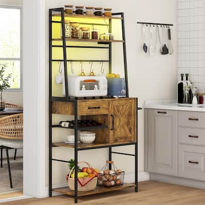 Storage Shelves with Power Outlet and LED Lights, Wine Bottle Rack
