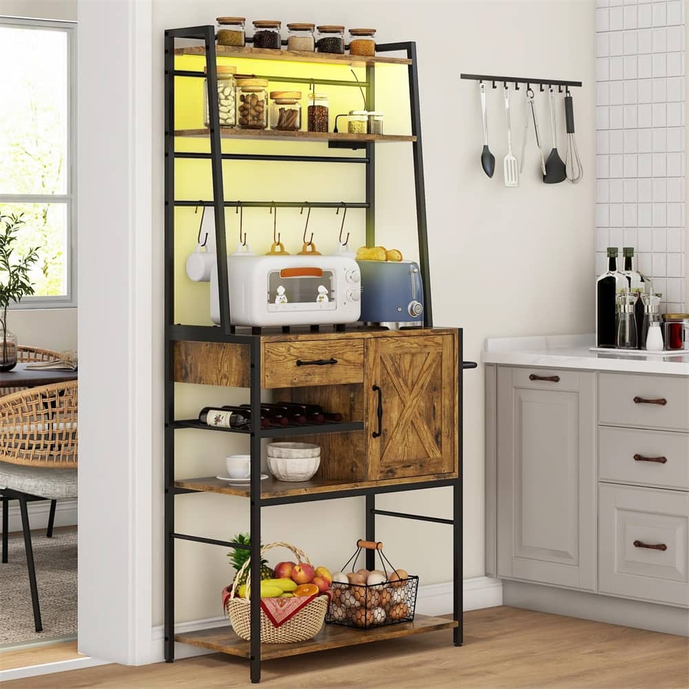 Storage Shelves with Power Outlet and LED Lights, Wine Bottle Rack
