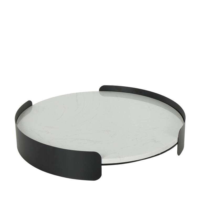Marble Round Tray with Black Metal Frame - White - Roche River Decor