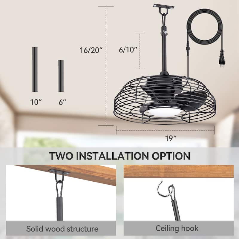 19" Industrial Black Indoor/Outdoor Chandelier Caged Ceiling Fan with Light and Remote