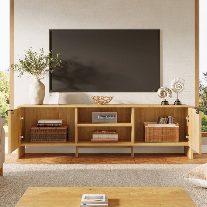 63-Inch Wooden TV Stand With Storage, Modern Low Console Table