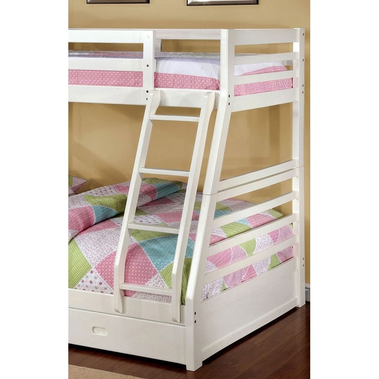 Twin Over Full Bunk Bed with Storage Drawers & Attached Ladder, White Finish