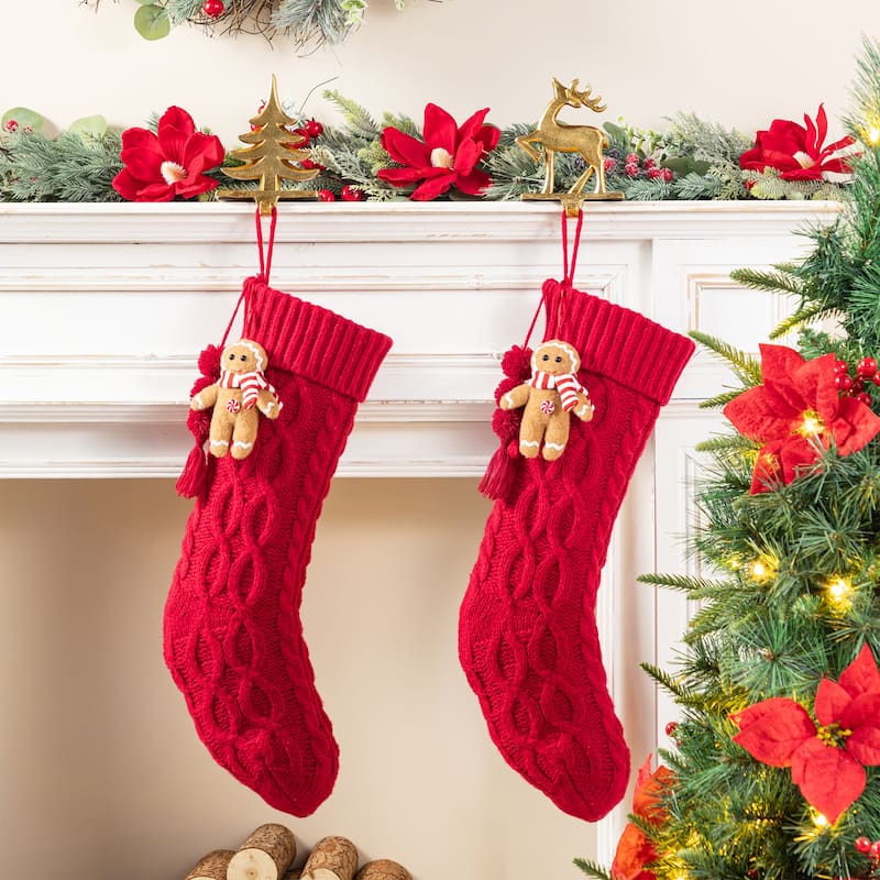 Glitzhome 22"L Knitted Christmas Stocking with Pompon Tassel or Gingerbread Man Ornament