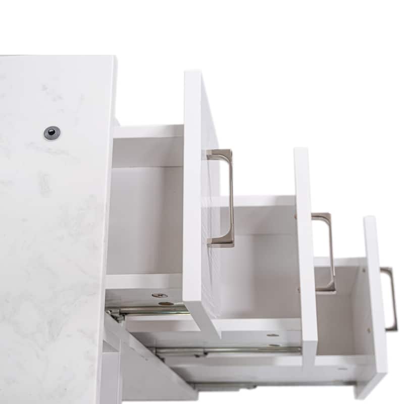 Drexel Manicure Table Nail Station Marble Top Desk, White Tufted Cushion - N/A