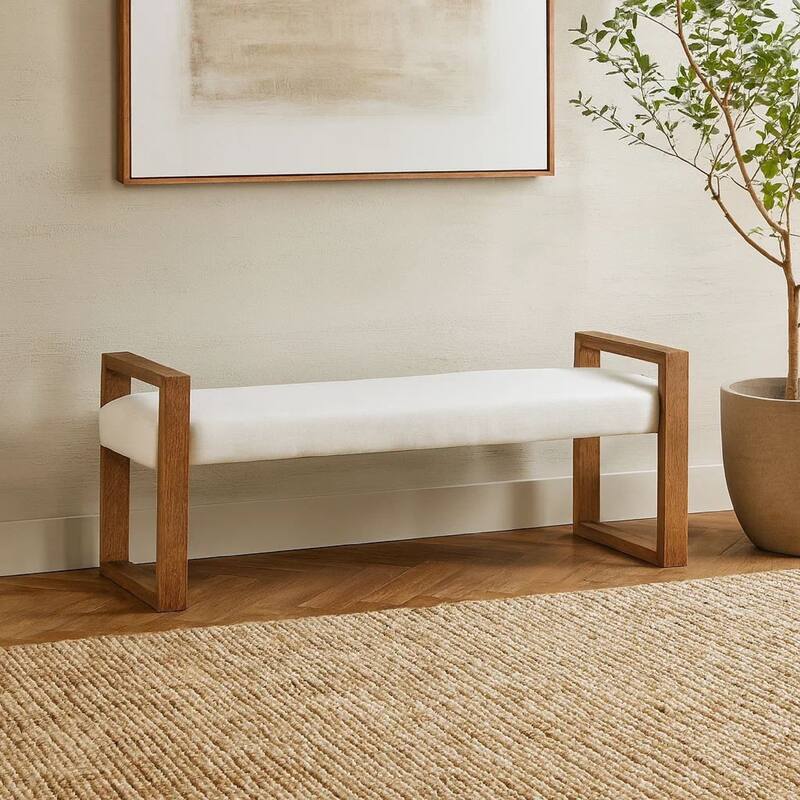 Rux 68 Inch Dining Bench, White Fabric Upholstery, Sled Legs, Brown Wood