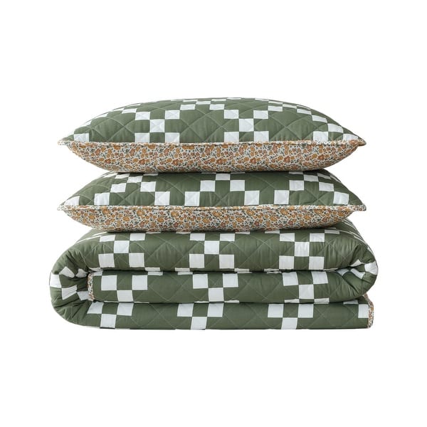 Eddie Bauer Diamond Floral Checkered Motif Reversible Quilt (Green 