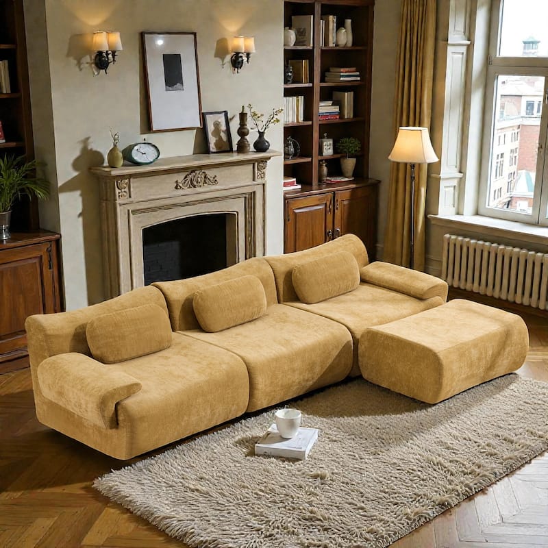 Modular Chenille Sofa Set with Armchair, Extra Large Deep Seat 3 Seater Compression Couch with Pillows