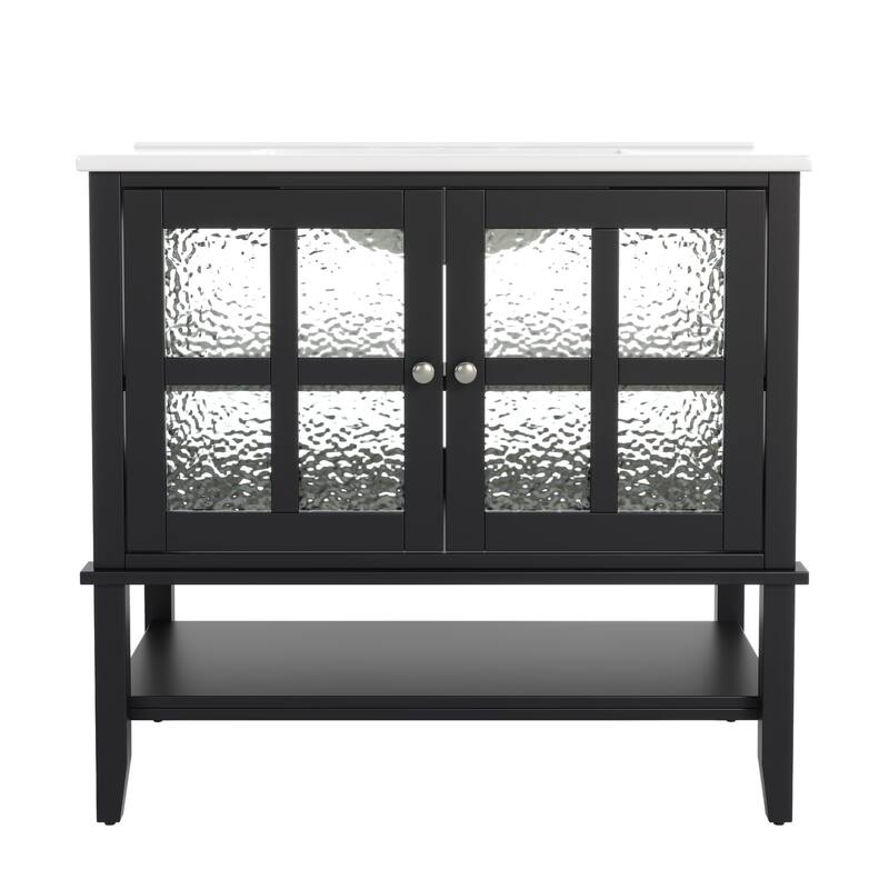 36" Bathroom Vanity with Ceramic Sink, Bathroom Vanity with Adjustable Shelf and Open Shelf, with Solid Wood Legs - Black