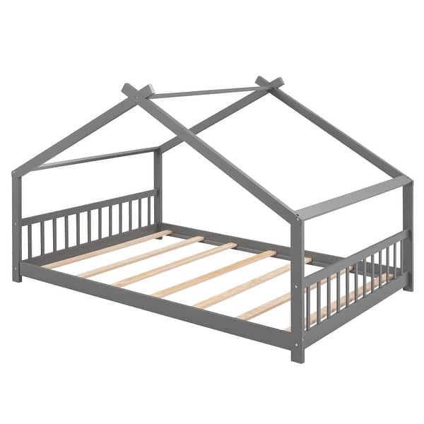 slide 2 of 8, Full Size Wooden House Bed Frame with Headboard & Footboard, Full Kids Bedframe with Roof, Montessori Kids Bed for Boys or Girls Gray - Full