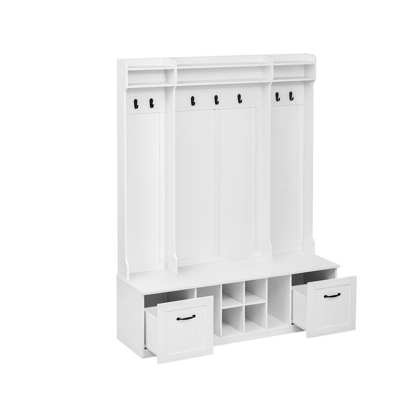 Modern Hall Tree Cabinet with Bench & Adjustable Shelves, Entryway Storage Cabinet Coat Rack with Walk-in Closet