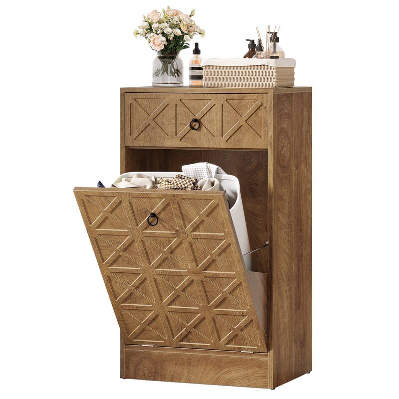 13 Gallon Tilt-Out Laundry Hamper Cabinet with Drawer, Freestanding Hidden Laundry Hamper Storage Unit for Bathroom Laundry Room