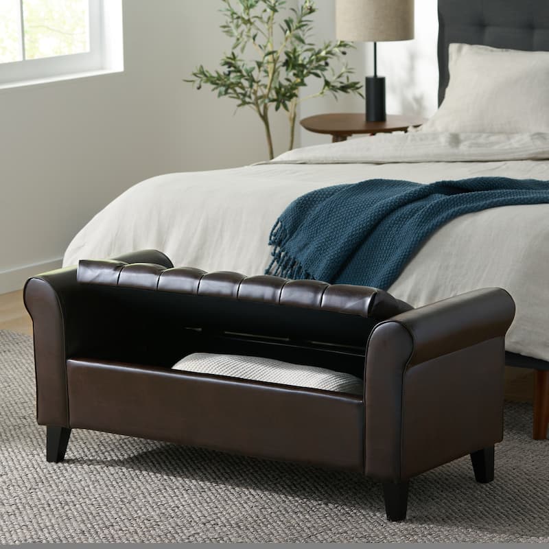 Modern Storage Ottoman Bench Elegantly Rolled Arms,PU