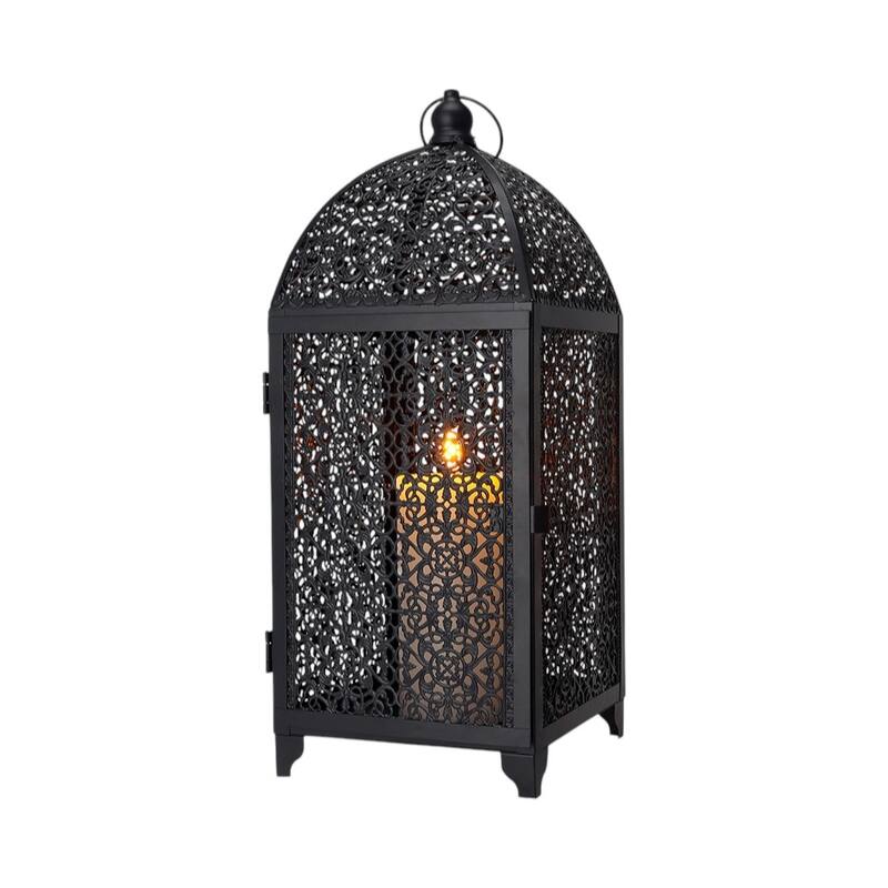 Set of Two Black Metal Filigree Tabletop Lantern Candle Holders