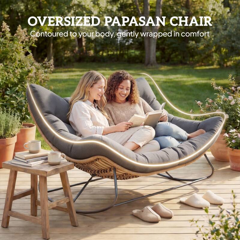 Outsunny Double Papasan Rocking Chair, Wicker Oversized Indoor Outdoor Rocking Chair with Cushion