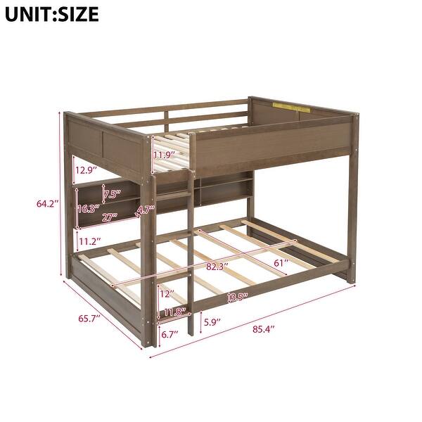 dimension image slide 0 of 2, Queen over Queen Size Solid Wood Bunk Bed with Storage Cabinets and USB Ports