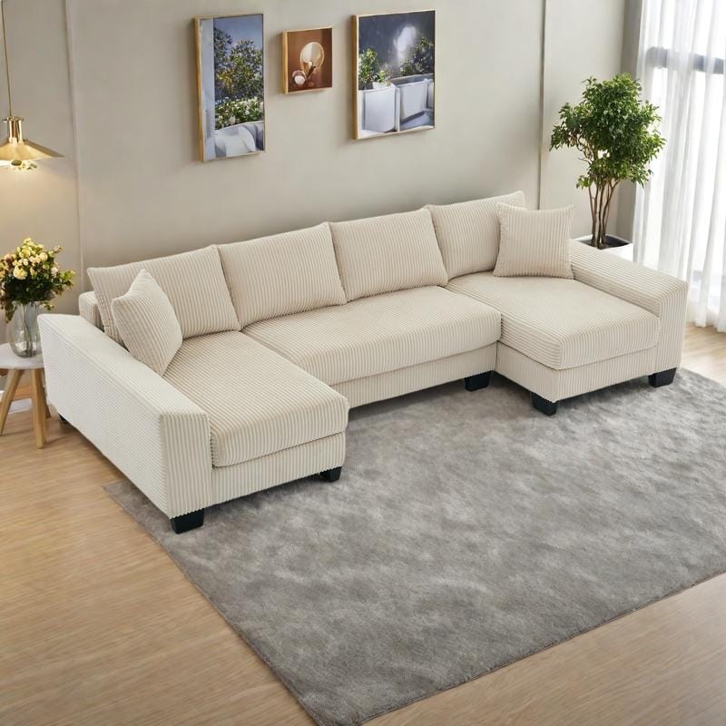 114" Corduroy U-Shaped Sleeper Sofa with Pull-Out Bed, 4 Back Cushions and 2 Throw Pillows - Beige