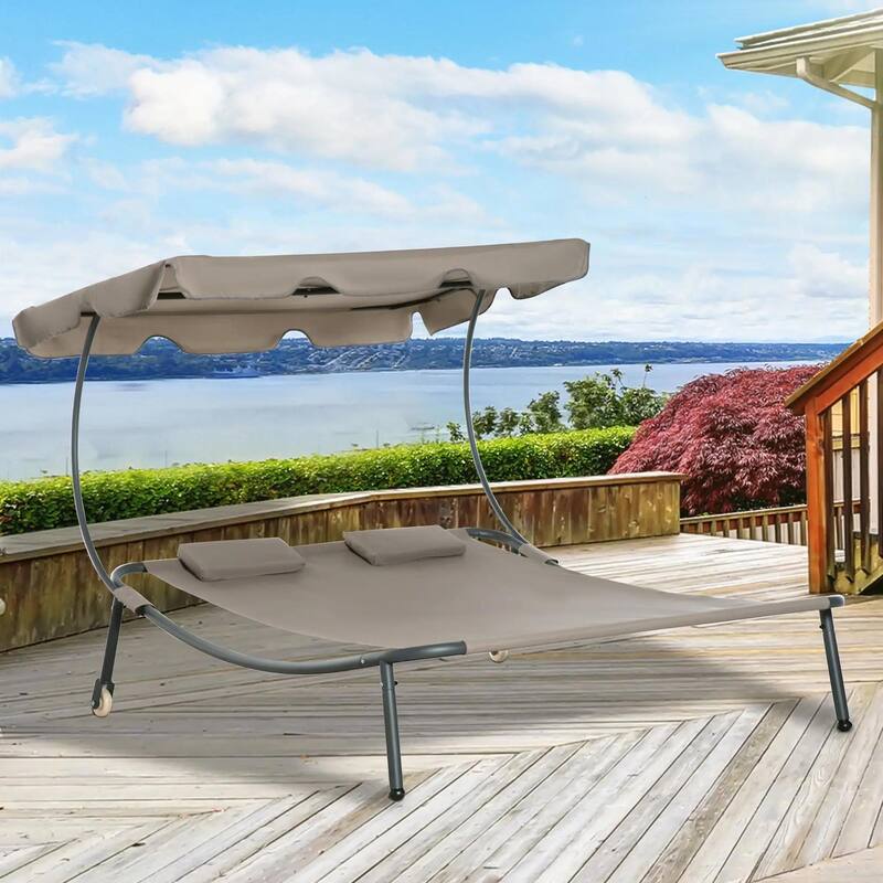 Double Chaise Lounge, Outdoor Daybed, Adjustable Canopy, Wheels,Pillow