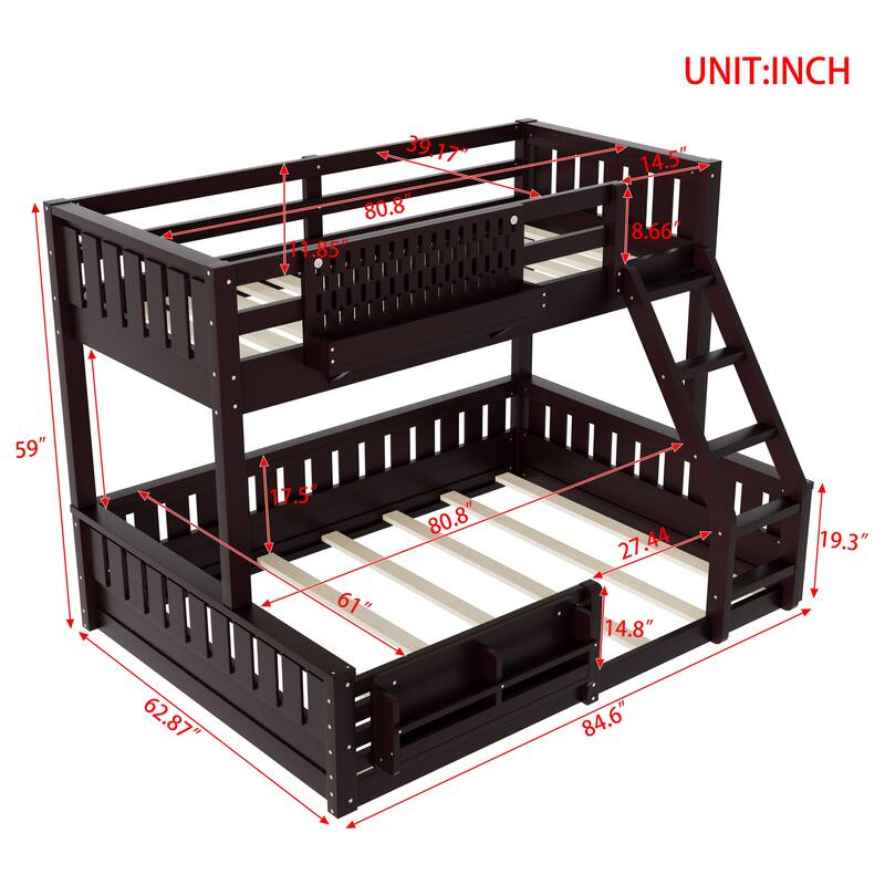 Twin XL over Queen Bunk Bed with Ladder, Guardrails, Pegboard Storage and Built-in Bookshelf, Solid Wood Frame