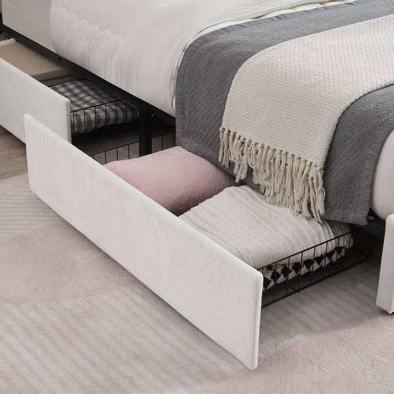 Modern Upholstered Bed Frame with 4 Storage Drawers, Platform Fabric Bed with Button Tufted Headboard