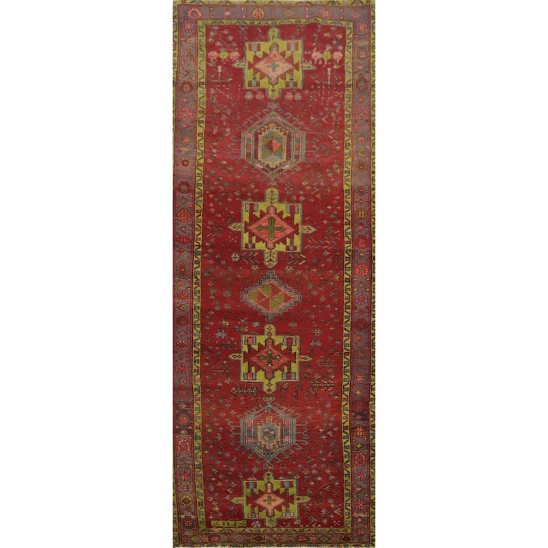 Hand Knotted Oriental 100% Wool Carpet Traditional Geometric Red Heriz Runner Rug - 11' 2'' X 3' 8''