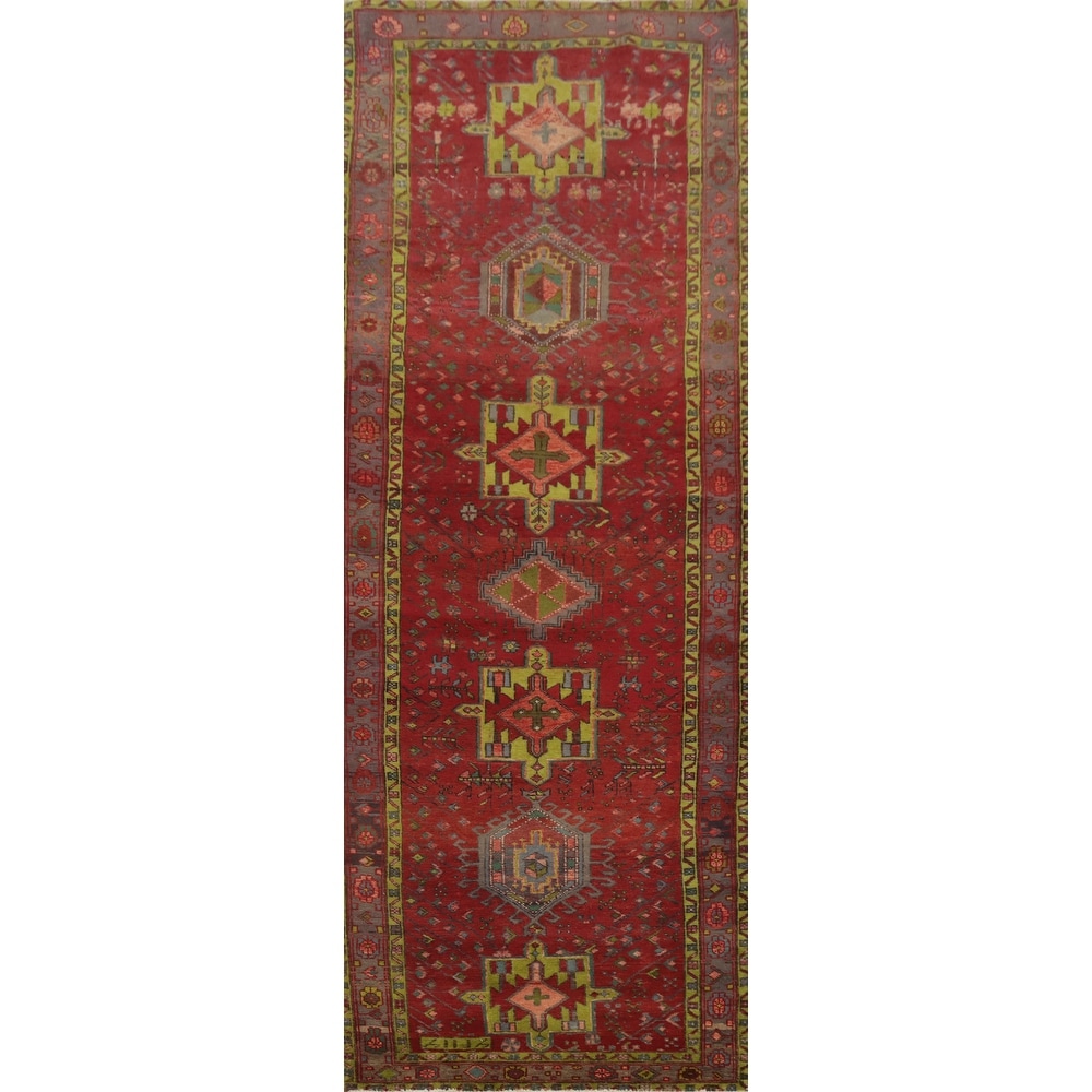 Hand Knotted Oriental 100% Wool Carpet Traditional Geometric Red Heriz Runner Rug - 11' 2'' X 3' 8''
