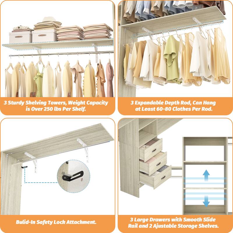 Rackcog 120'' Adjustable Closet Organizer with Drawers, Closet System with DIY Shelves for Reach-in and Walk-in Closet