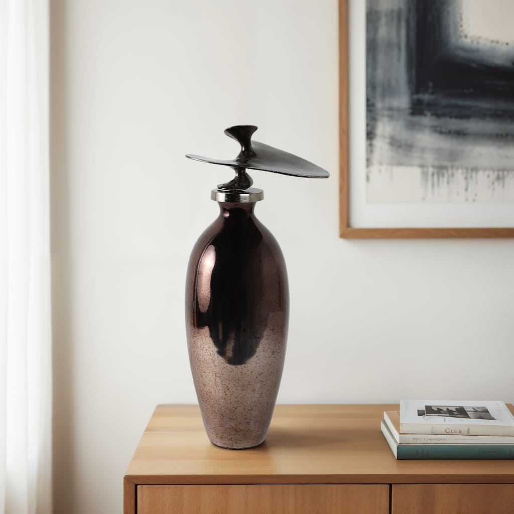 Glass Vase with Sculptural Aluminum Accent Metal Transitional Style