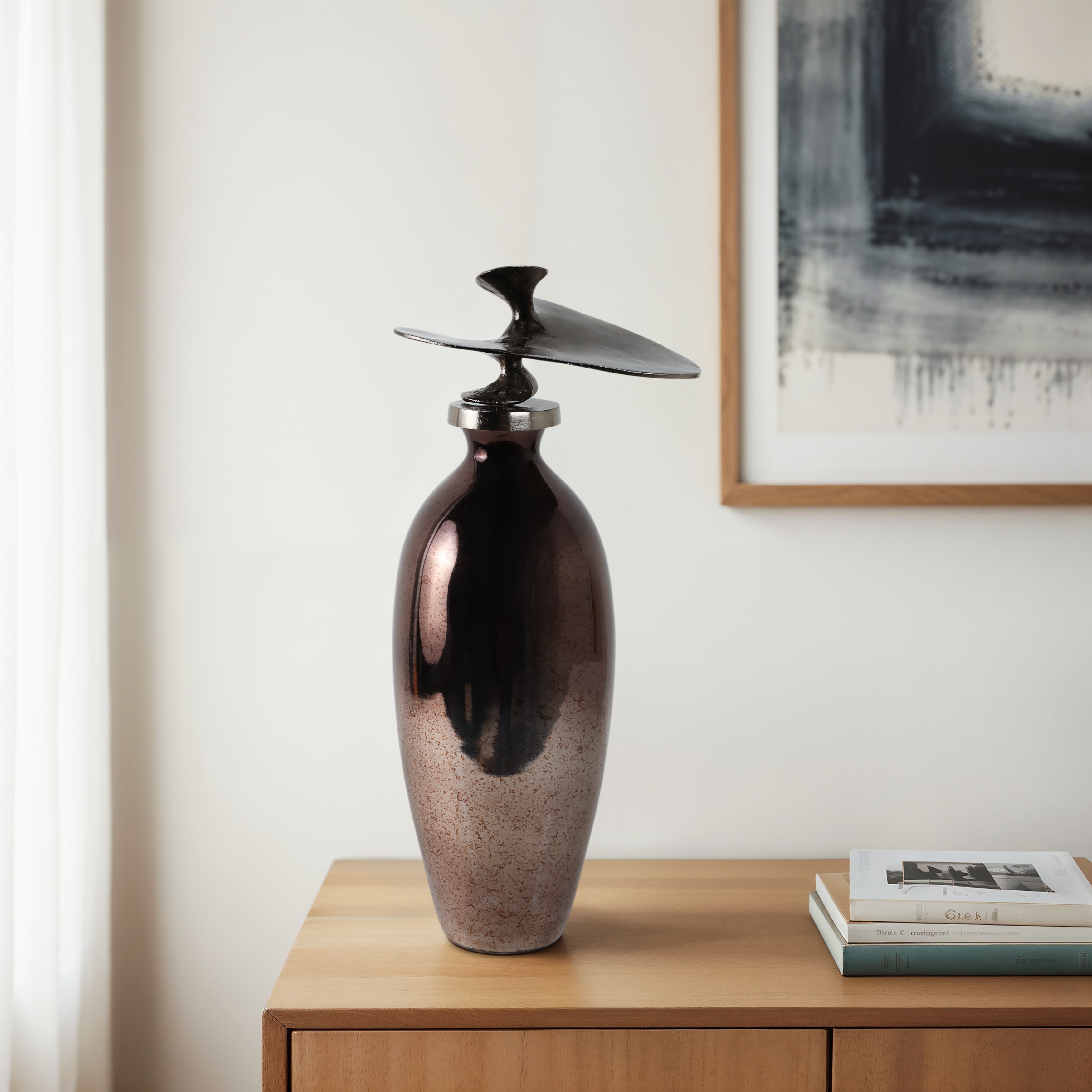 Glass Vase with Sculptural Aluminum Accent Metal Transitional Style