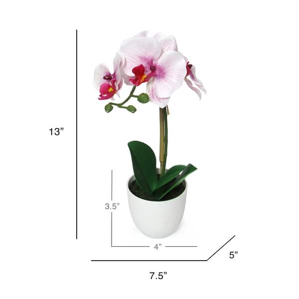 dimension image slide 3 of 4, Artificial Phalaenopsis Orchid Flower Arrangement in White Pot 13in