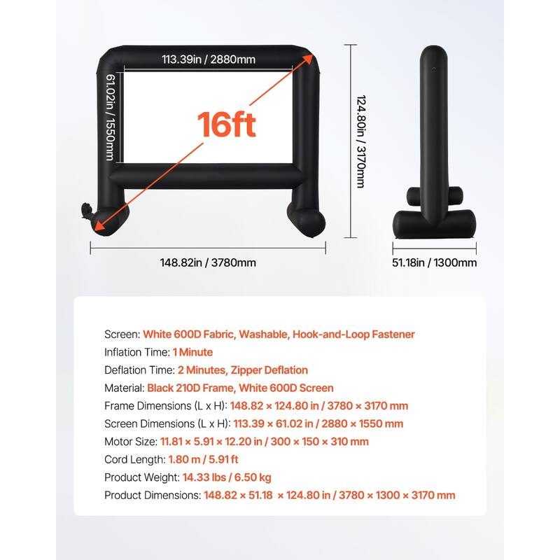 Wrinkle-Free 600D Fabric, Silent Blower Quick Setup Portable Backyard Projection Screen for Camping Parties & Home Theater