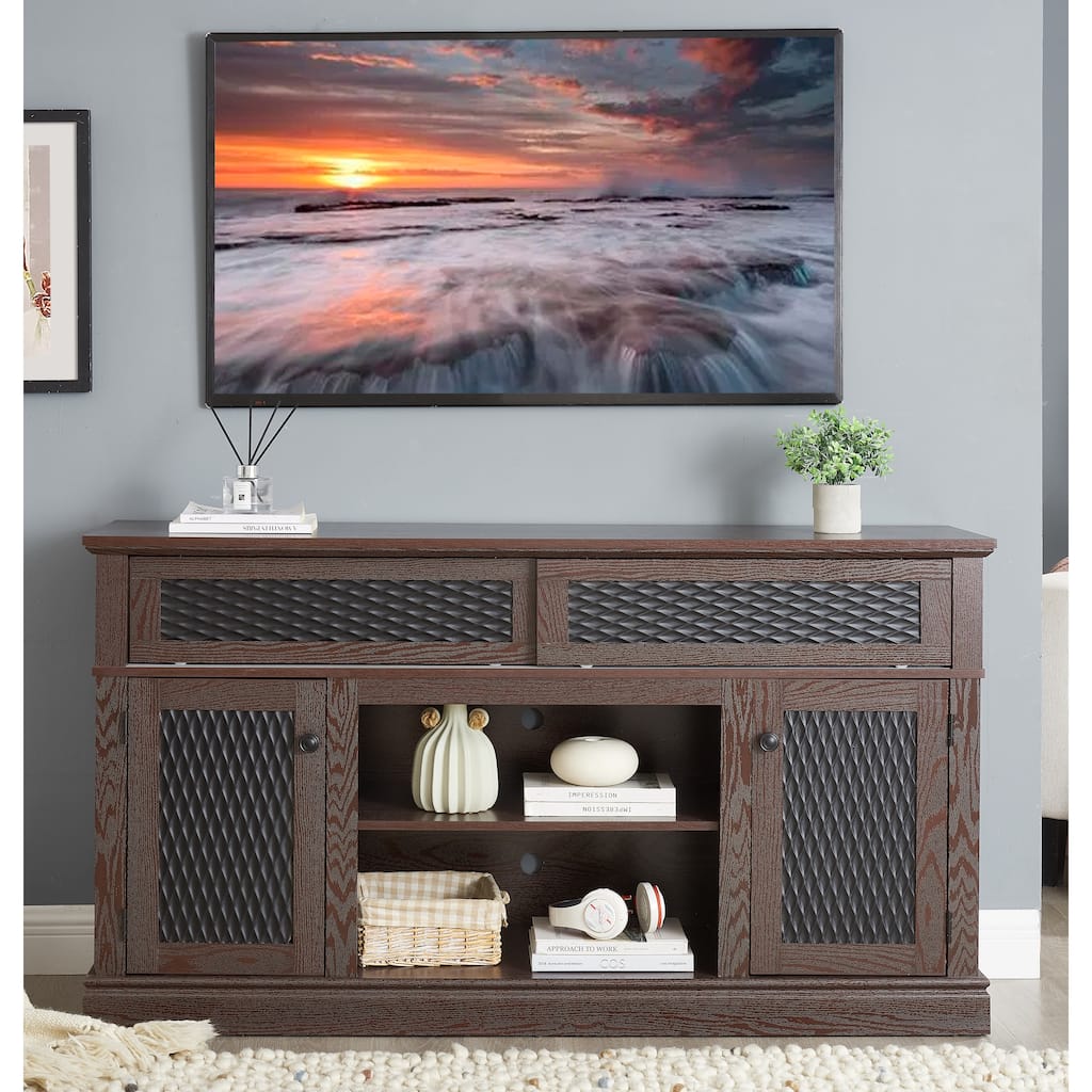 Modern Embossed Pattern TV Stand with 2 Large Cabinets and Open Shelving, for Living Room and Bedroom, Dark Cherry