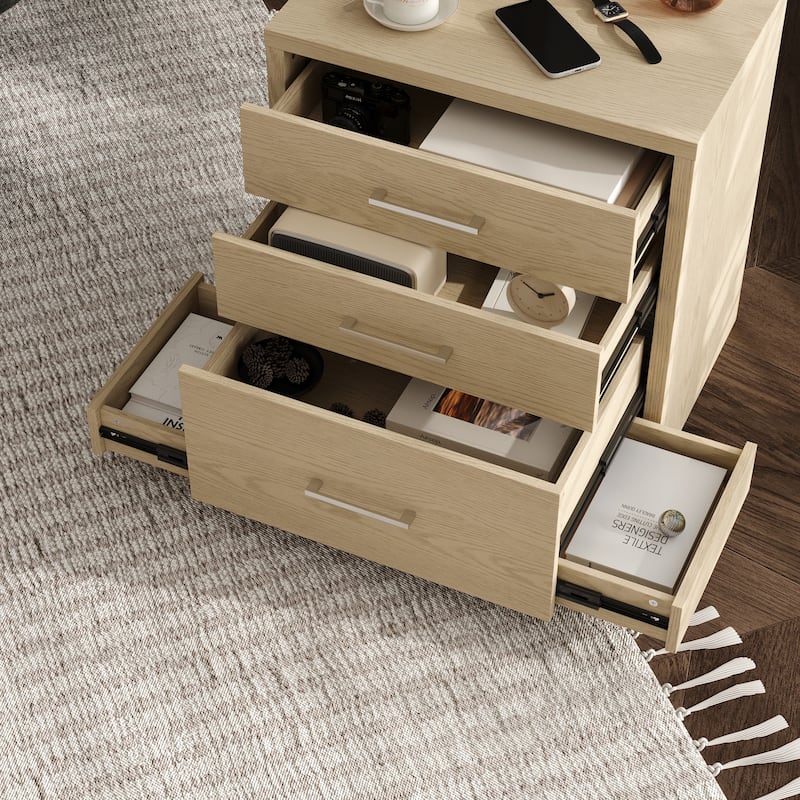 Chic Wooden 3-Drawer Nightstand: Wood Finish with Hidden Drawer for Secret Storage Bedside Table