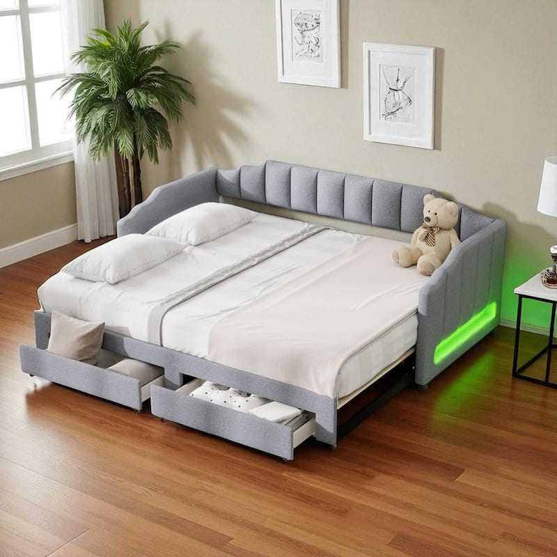 Twin XL Upholstered Daybed with Trundle, Converts to King, LED Lights, 2 Storage Drawers, Solid Wood Frame - Grey - Twin XL