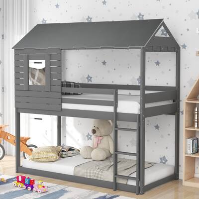 House Loft Bed with Guardrail and Ladder, Twin Over Twin Bunk Bed Wood with Roof and Window
