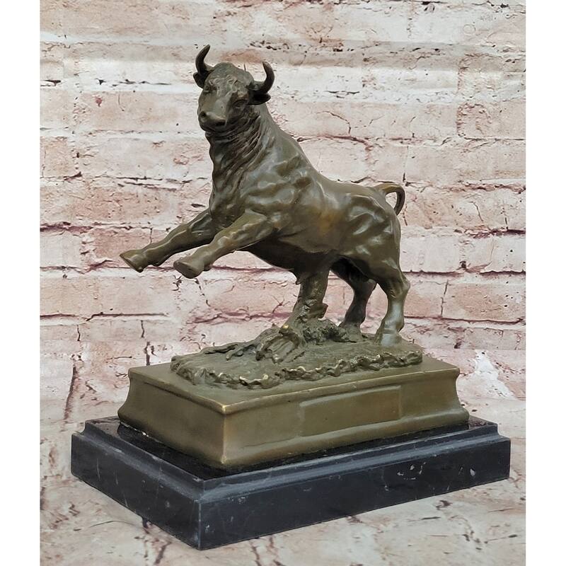 Charging Rearing Imitative Bull Bronze Sculpture On Marble Base Signed Milo