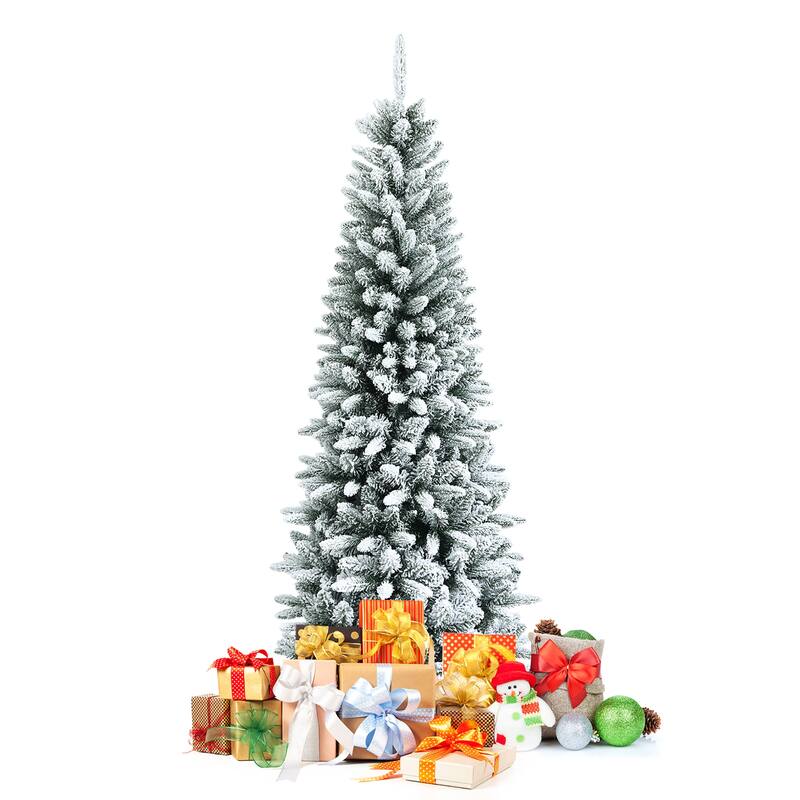 4.5ft Snow-Flocked Hinged Artificial Christmas Pencil Tree w/ 373 - See details