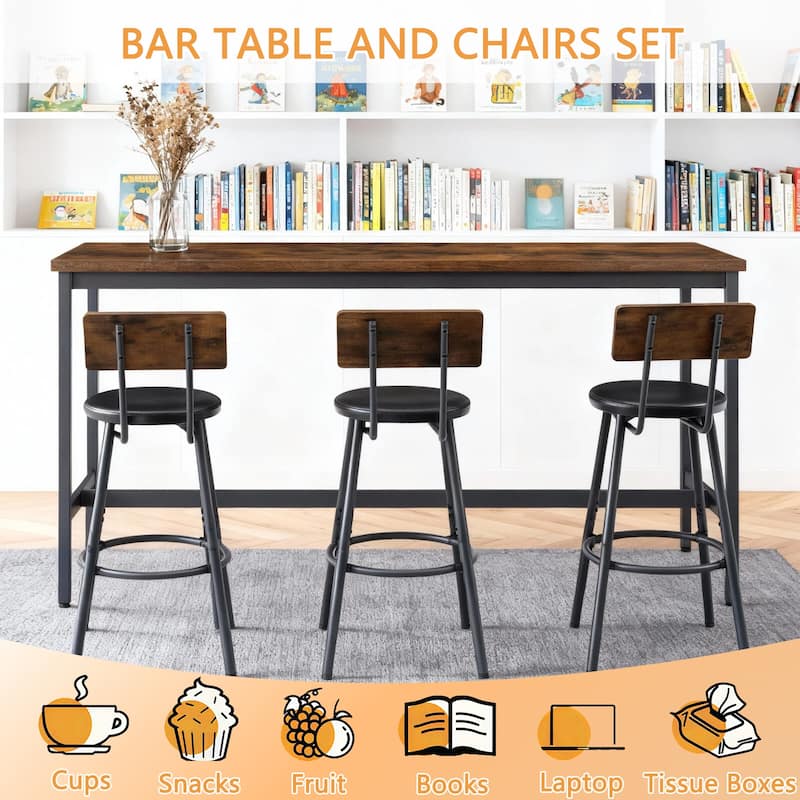 Bar Table and Chairs Set for 3, 4 Piece Industrial Dining Table Set with 3 PU Upholstered Bar Stools