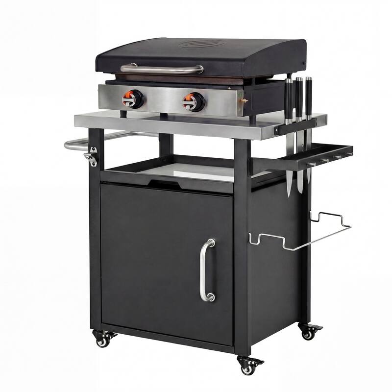 39.5" Outdoor Grill Cart with Stainless Steel Top, Outdoor Kitchen Island with Wheels and Spice & Paper Rack for BBQ