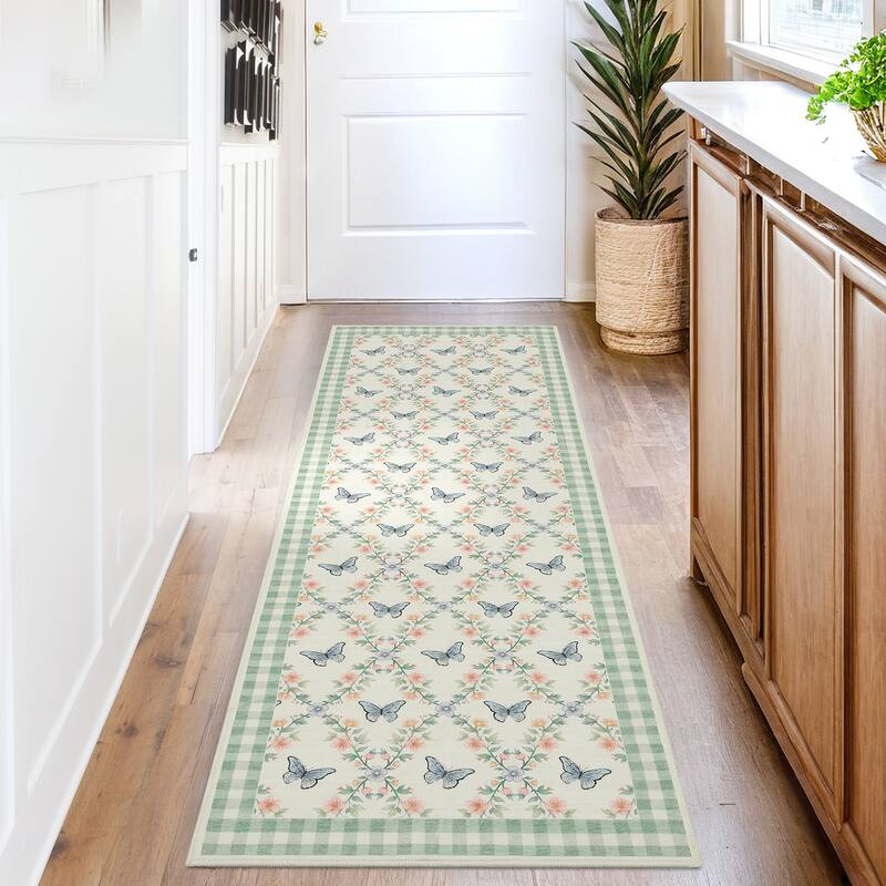 Butterfly Pattern Rugs for Living Room, Modern Floral Area Rug, Washable Border Plaid Non Slip Floor Carpet