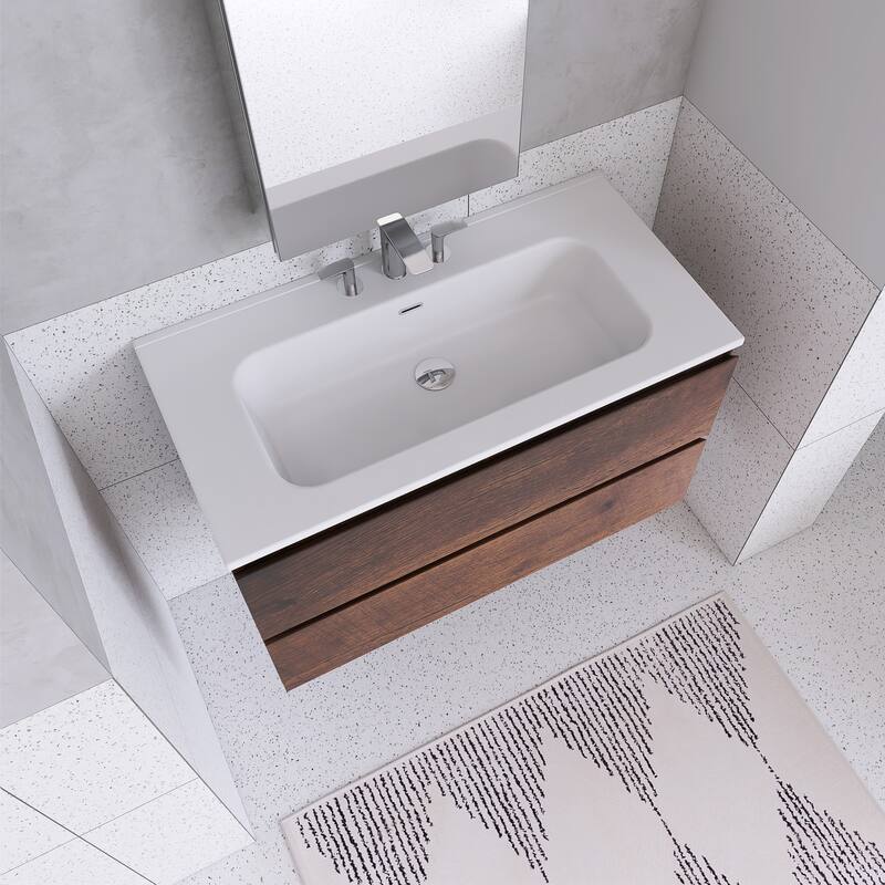 Floating Integrated Bathroom Vanity with Ceramic Sink, Three Faucet Holes
