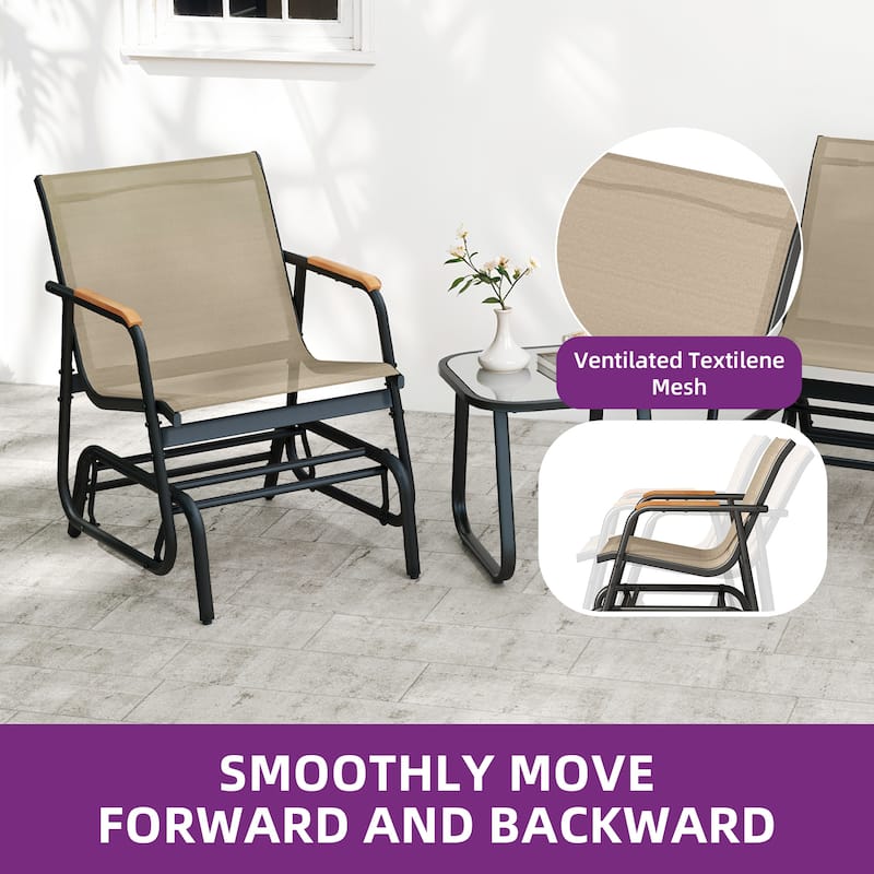 Moasis 3pcs Textline Patio Bistro Set Glider Chair with Coffee Table Tempered Glass