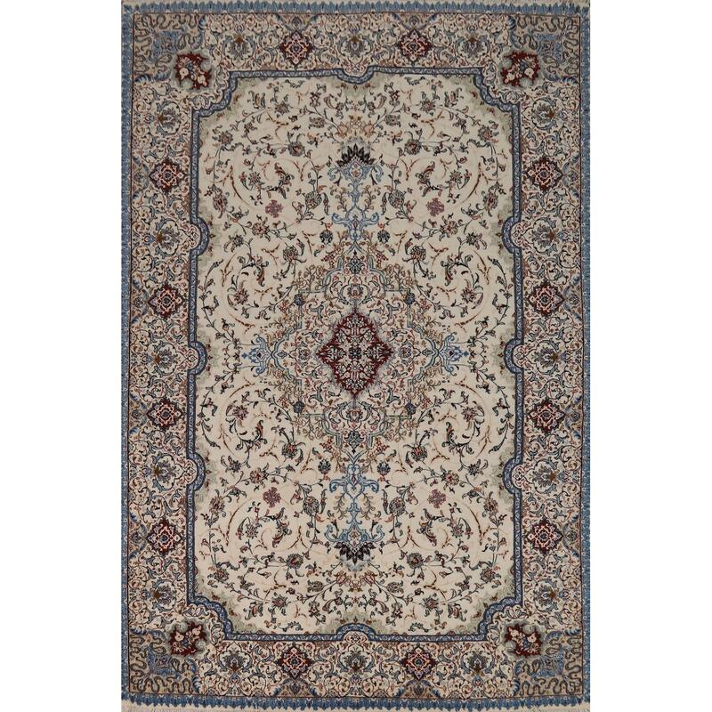 Ivory Floral Nain Persian Area Rug Handmade Wool Carpet - 6'8"x 9'10"
