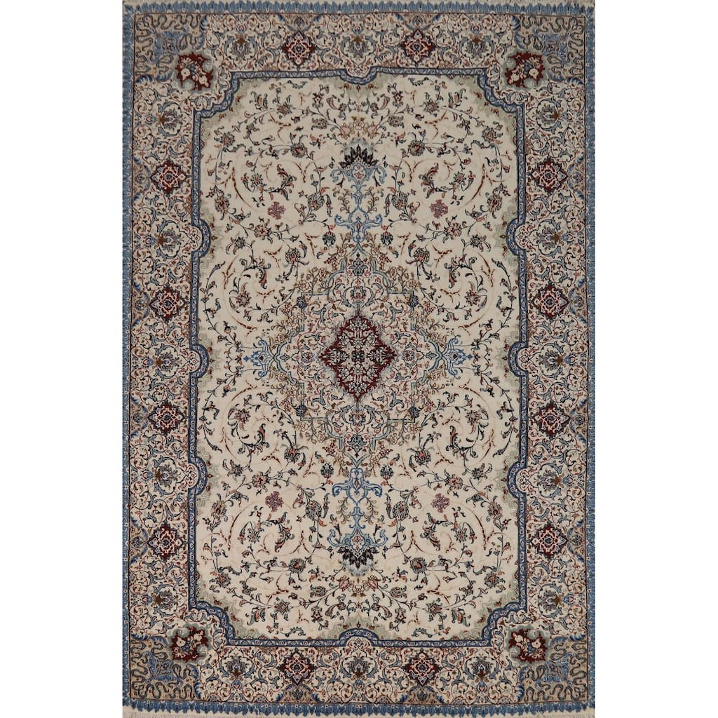 Hand Knotted Oriental 100% Wool Carpet Traditional Floral Beige & Ivories Nain Area Rug - 9' 10'' X 6' 8''