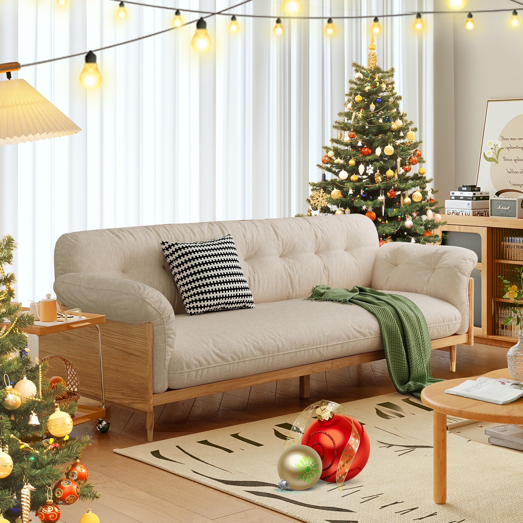 JASIWAY Modern 3-Seat Upholstered Cotton Linen Sofa,Beige