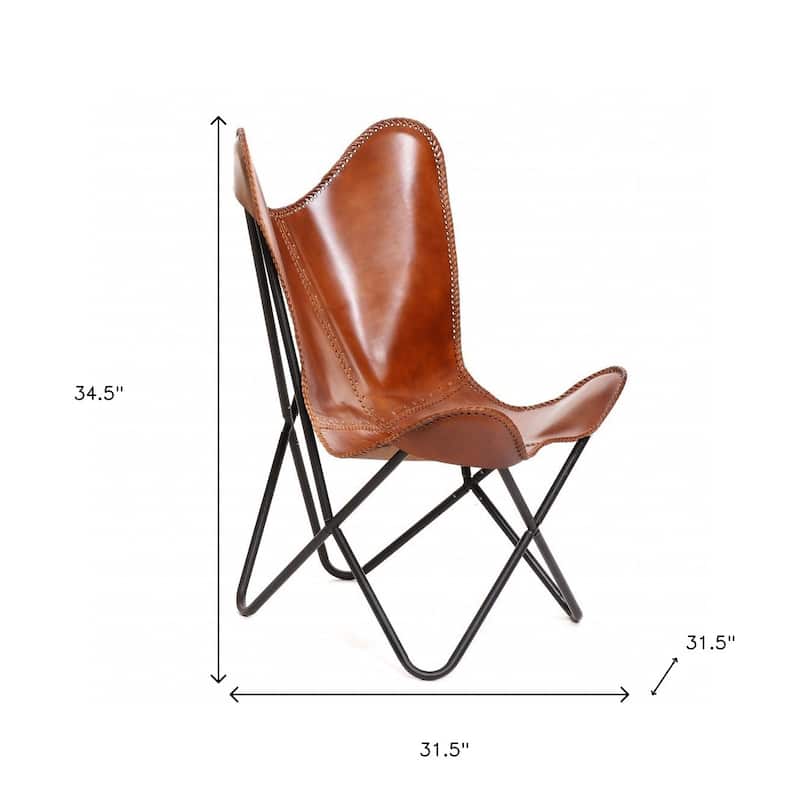HomeRoots 32" Brown And Black Genuine Leather Butterfly Chair - 31.5' X '34.5' X '31.5