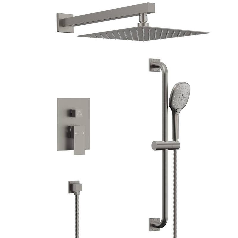 GRANDJOY 2-Spray Concealed Rain Shower System with Handheld, Wall-Mount Modern Design - Brushed Nickel